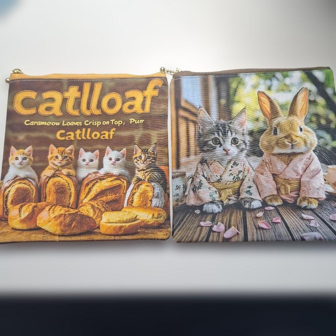 激レアねこパネル生地　ハンドメイド　両面パネルフラットポーチ